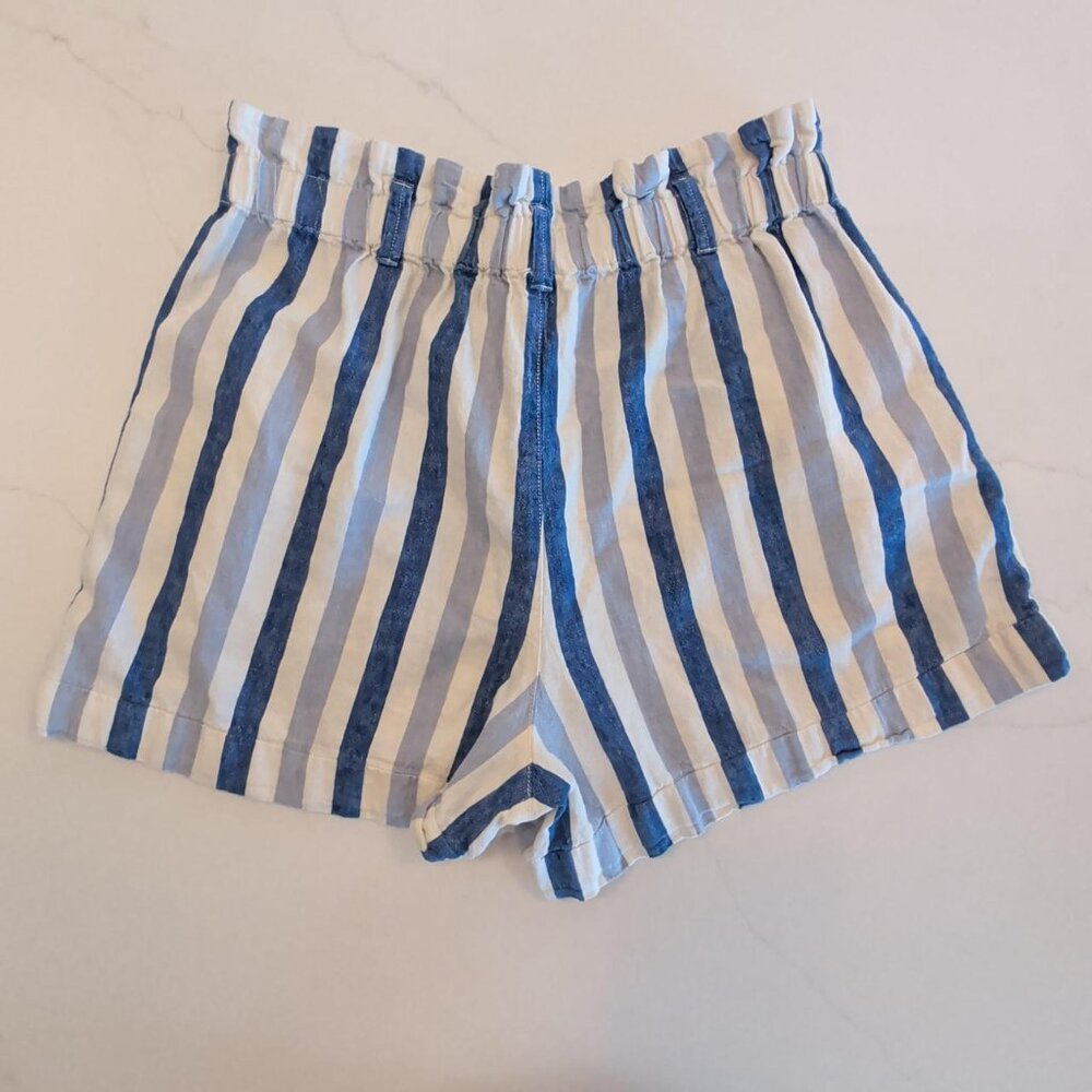 Madewell Linen Blend Sz 14 Blue Striped High Waist Paper Bag Loose Fit Shorts - Picture 9 of 11
